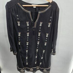 Caslon Black Embroidered Boho Peasant Tassels Tunic Midi Dress Large